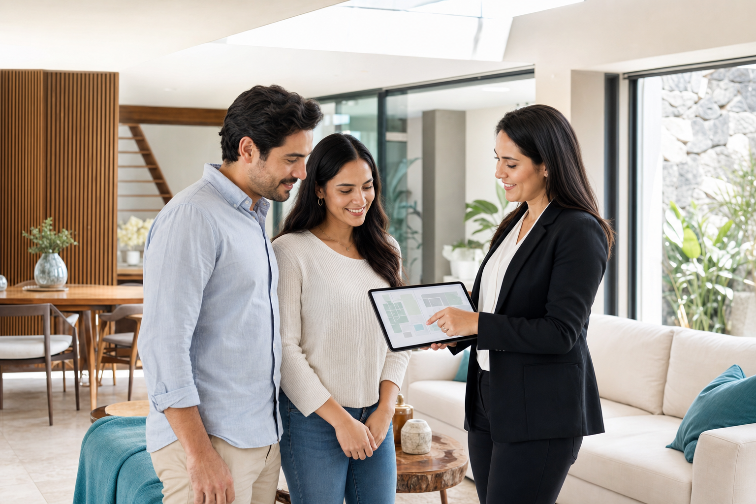 Asesor inmobiliario usando herramientas digitales con clientes